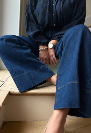 Jean taille haute à ourlet large bleu foncé