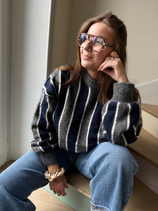 Pull col rond rayé marine et gris