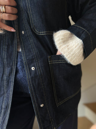 Veste en jean brute droite doublée à col marron en velours côtelé