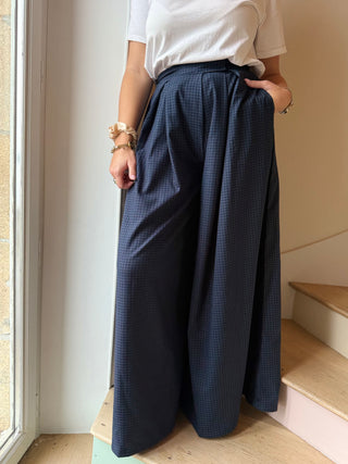 Pantalon ample à scratch bleu marine à carreaux