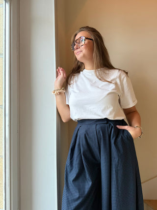 Pantalon ample à scratch bleu marine à carreaux