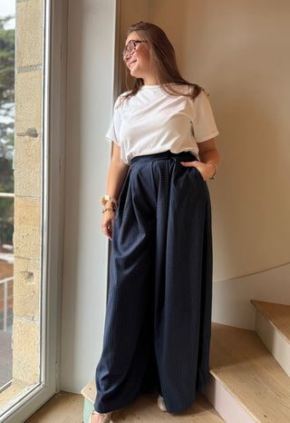 Pantalon ample à scratch bleu marine à carreaux