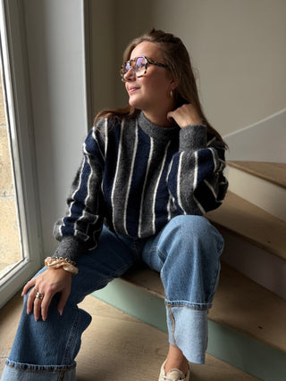 Pull col rond rayé marine et gris