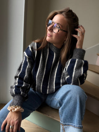 Pull col rond rayé marine et gris