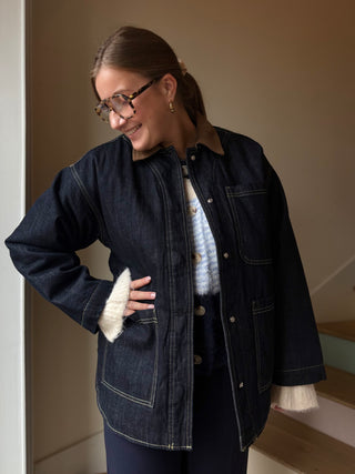 Veste en jean brute droite doublée à col marron en velours côtelé