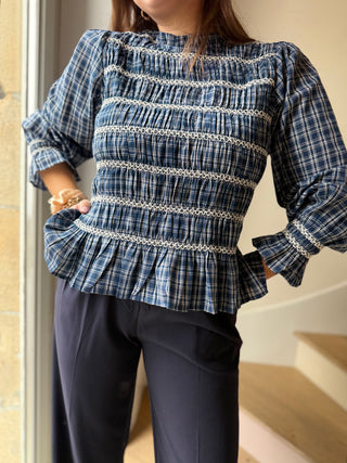 Blouse smocké de à carreaux bleue marine