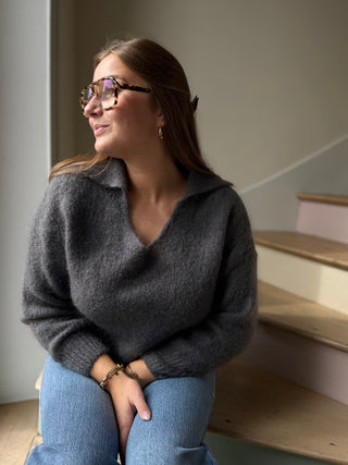 Pull en laine et mohair col polo gris