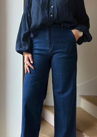 Jean taille haute à ourlet large bleu foncé