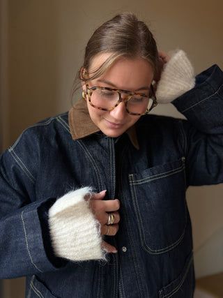 Veste en jean brute droite doublée à col marron en velours côtelé
